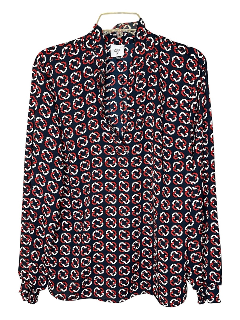 Cabi Geometric Print V-Neck Blouse in Black & Red Sz M - Picture 2 of 5